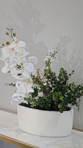 F7 white orchid and eucalyptus ceramic vase