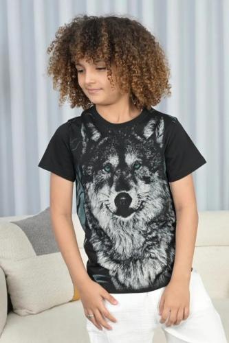 تي شيرت ولادي اسود رسمة ذئب 2978