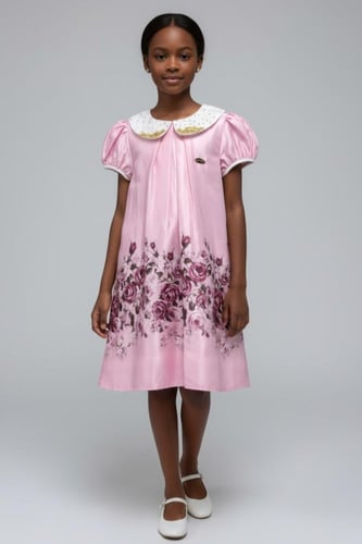 فستان بناتي زهري مزين برسوم ورود 7301