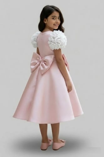 فستان سهرة بناتي وردي فاخر بزهور بارزة S01288