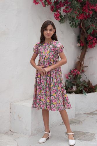 فستان زهري بطباعة ورود للبنات 7015