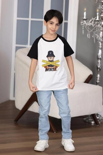 تي شيرت ولادي ابيض و اسود رسمه دب على الصدر 2977