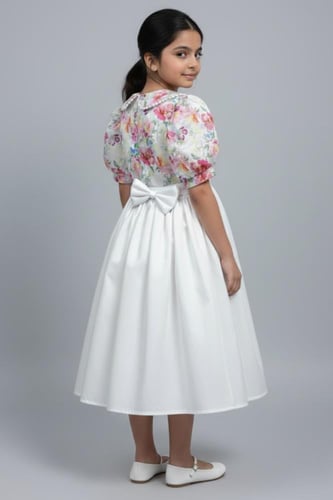 فستان بناتي أبيض مطرز بنقشة ورد وأكمام منفوشة مع ف...