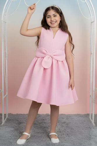 فستان بناتي سهرات وردي مزين بفيونكة بالخصر S01120