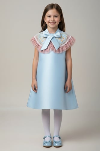 فستان بناتي ازرق عنق فيونكه 7291