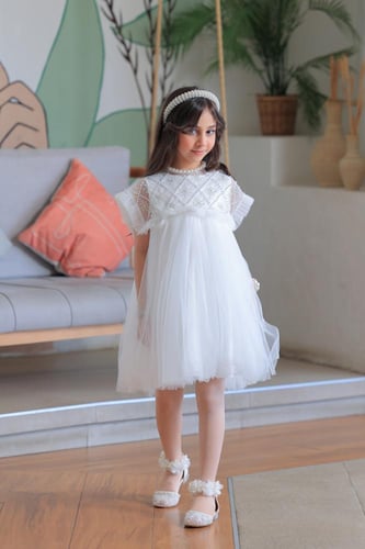 فستان بناتي سهرات أبيض تول بكشكشة دانتيل ناعمة S01...