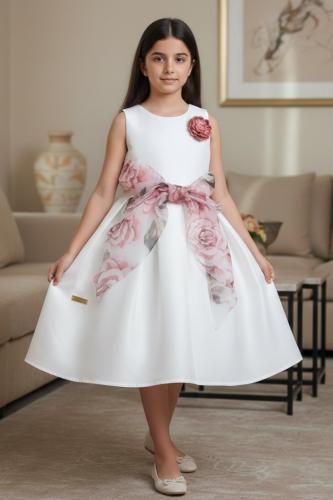 فستان بناتي أبيض أنيق مع فيونكة وردية 7175