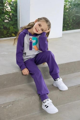 طقم بناتي رمادي مع بنطلون بنفسجي 3036