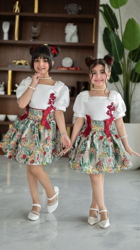 بلوزة بناتي ابيض نص كم مشجر بالاحمر 7116