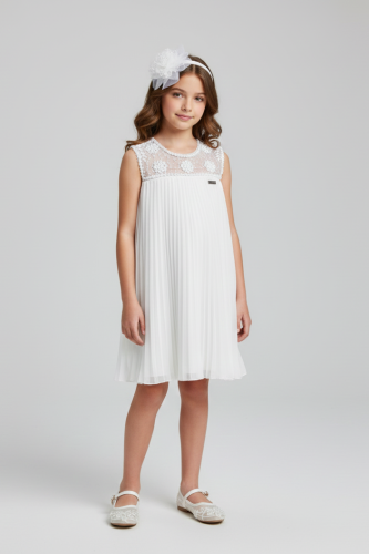 فستان بناتي أبيض راقٍ بكسرات مطرزة 7314