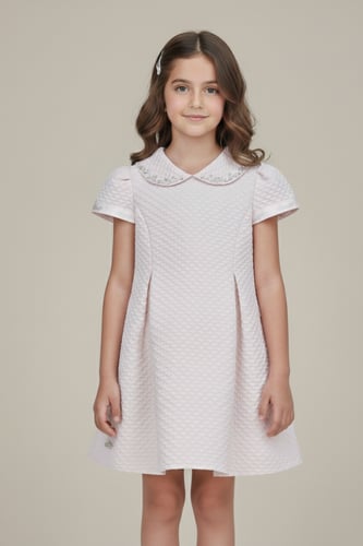 فستان بناتي وردي فاتح ياقة مطرزة7288