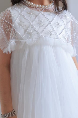 فستان بناتي سهرات أبيض تول بكشكشة دانتيل ناعمة S01...