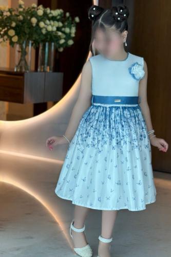 فستان بناتي أبيض وأزرق مطبوع بالفراشات 7318