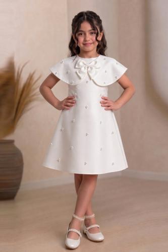 فستان بناتي سهرات ابيض مزين بفصوص و ياقه كاب S0130...