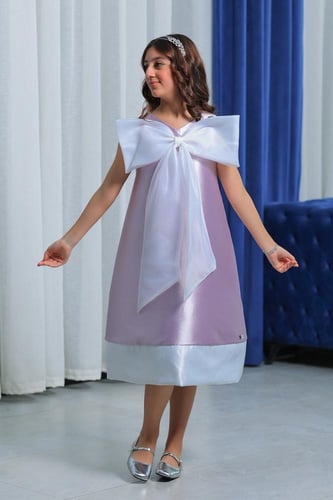 فستان بناتي بنفسجي فيونكة على الصدر S01087