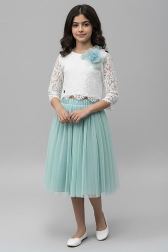 بلوزة بناتي دانتيل سكري كم طويل 7313