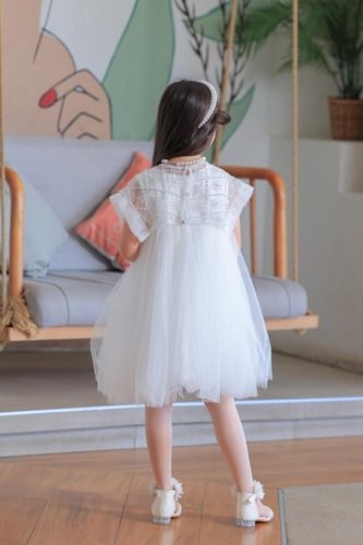 فستان بناتي سهرات أبيض تول بكشكشة دانتيل ناعمة S01...