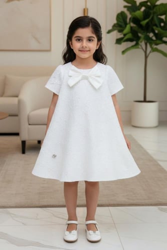 فستان بناتي أبيض أنيق بفيونكة كبيرة وتصميم كلاسيكي...