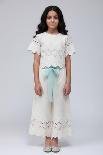 بنطلون بناتي سكري بنقشة دانتيل قصه واسعه -7309