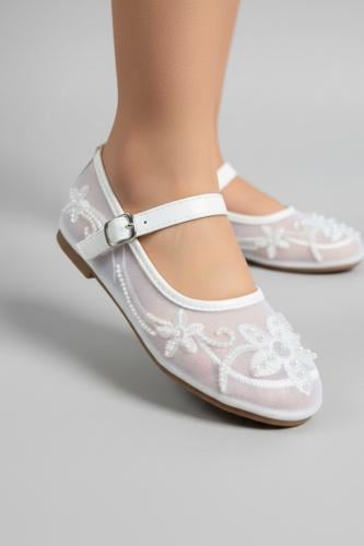 أحذية بناتية أنيقة من الدانتيل المطرز باللؤلؤ S-01...