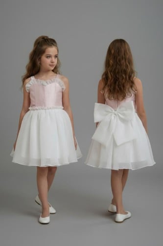 فستان سهرة بناتي وردي و ابيض أناقة التول والكورسيه...