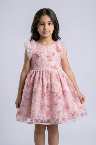 فستان سهرة بناتي وردي مزين بزهور S01284