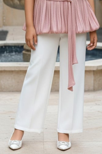 بنطلون بناتي أبيض واسع بتصميم أنيق ومريح 7328