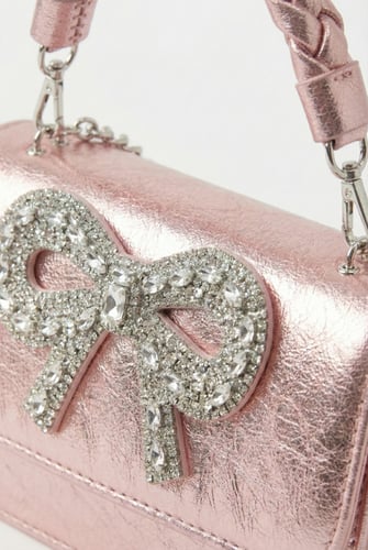 حقيبة بناتي روز معدنية بفيونكة مرصعة بالكريستال B0...