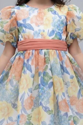 فستان بناتي مورد بحزام على الخصر 7272