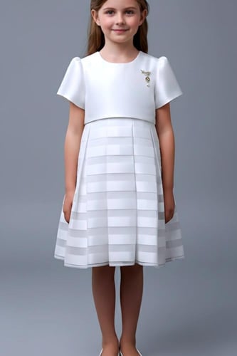 فستان بناتي ابيض بخطوط عرضية 7304