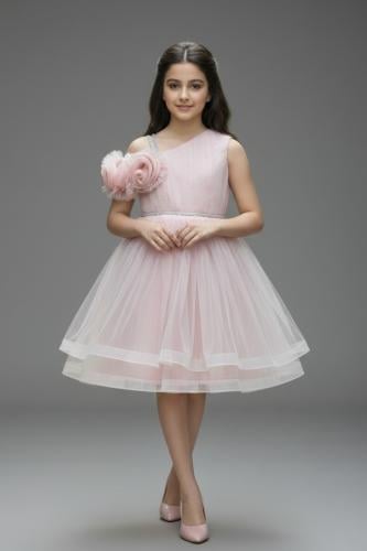 فستان سهرة بناتي وردي بكتف واحد واطلالة ملكية S012...