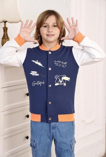 جاكيت ولادي كحلي باكتاف بيضاء 3049