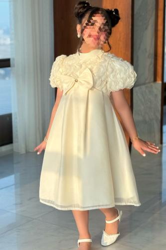 فستان بناتي سكري فيونكة بالصدر 7283