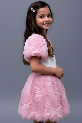 بلوزة بناتي بيضاء بأكمام تول موردة باللون الوردي73...