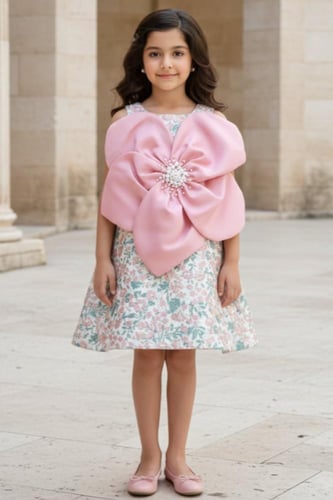 فستان بناتي مزهر مع فيونكة وردية كبيرة بتصميم أنيق...