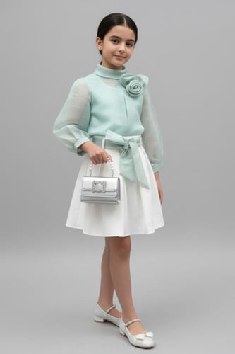 تنورة بناتي ابيض بحزام تيفاني 7187-