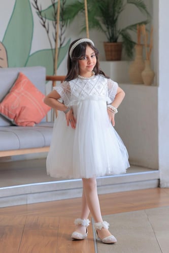 فستان بناتي سهرات أبيض تول بكشكشة دانتيل ناعمة S01...