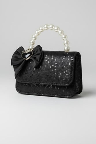 حقيبة بناتي سوداء أنيقة بفيونكة ولؤلؤ فاخر B015