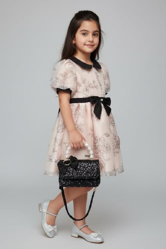 حقيبة بناتي سوداء أنيقة بفيونكة ولؤلؤ فاخر B015