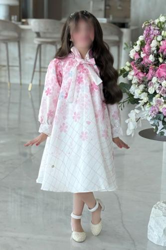 فستان بناتي أنيق بلون وردي مع الابيض 7287