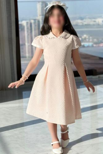 فستان بناتي وردي فاتح ياقة مطرزة7288