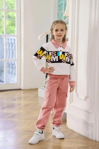 طقم بلوفر ابيض مع بنطلون وردي 3039