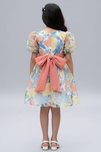 فستان بناتي مورد بحزام على الخصر 7272