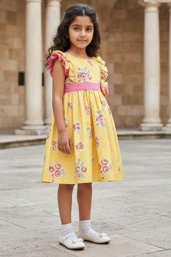 فستان بناتي اصفر مورد اكمام مكرنشة 7302