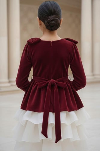 فستان بناتي مخملي عنابي بطبقات تول أبيض S01242