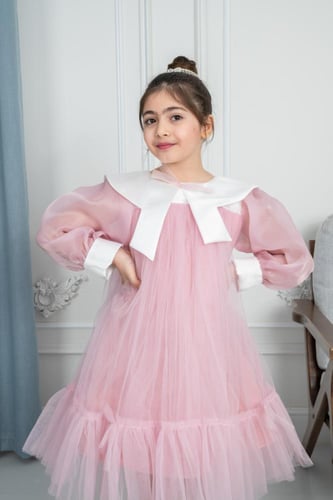 فستان سهرة بناتي وردي باكمام s01118