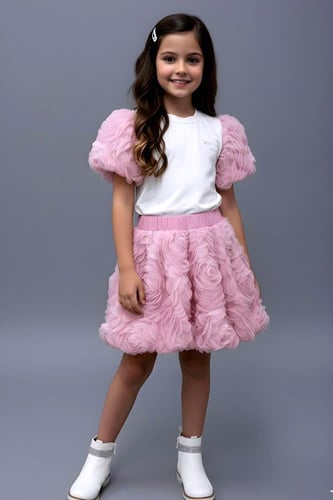 بلوزة بناتي بيضاء بأكمام تول موردة باللون الوردي73...