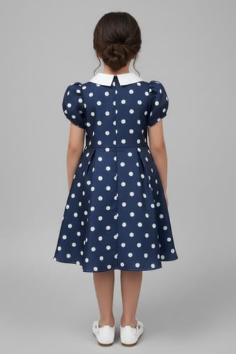 فستان بناتي كحلي منقط ابيض 7191