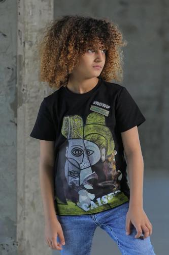 تي شيرت ولادي اسود رسمه على الصدر 2860