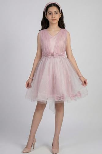 فستان بناتي للسهرات باللون الوردي والبيج مزين بزهو...